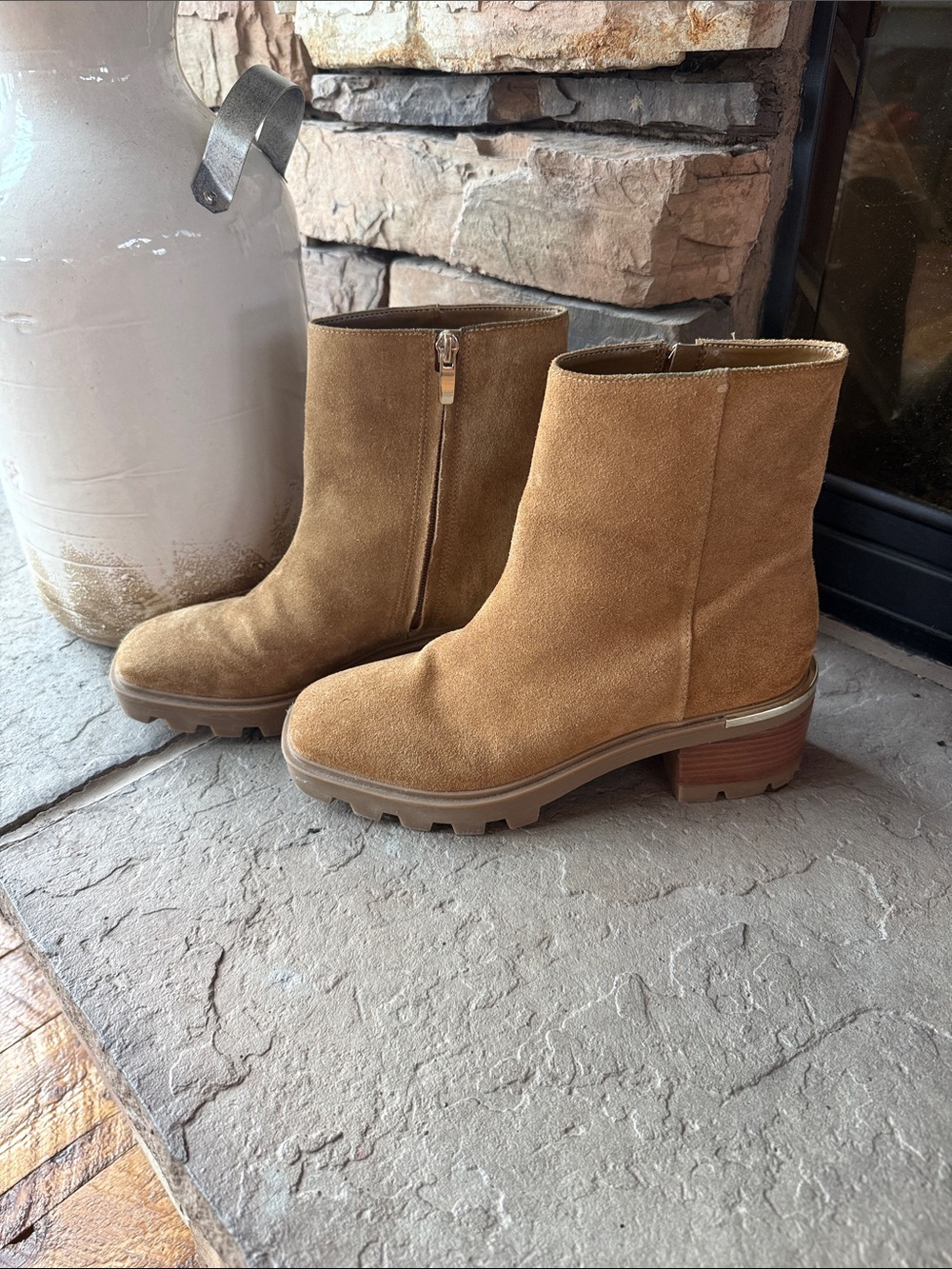 Nine West Tan Suede Lug Sole Ankle Boots
